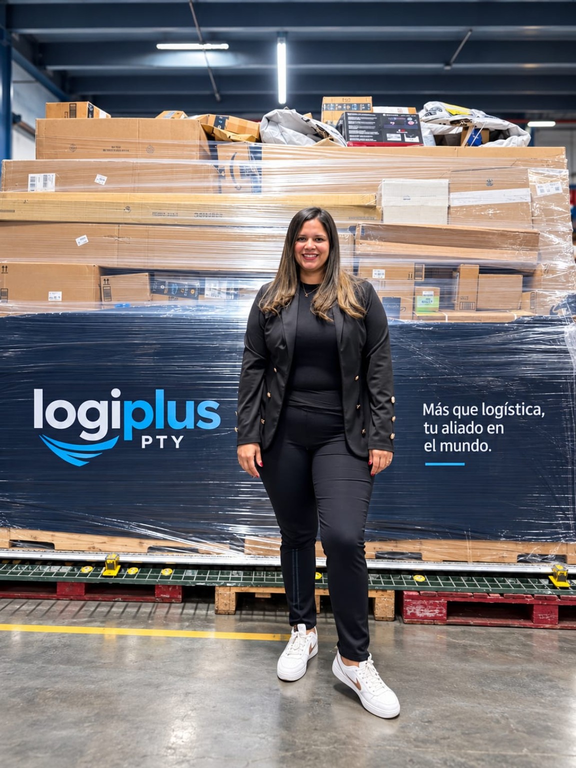 Representante de LogiPlus PTY junto a carga embalada con el logo y el mensaje Más que logística, tu aliado en el mundo